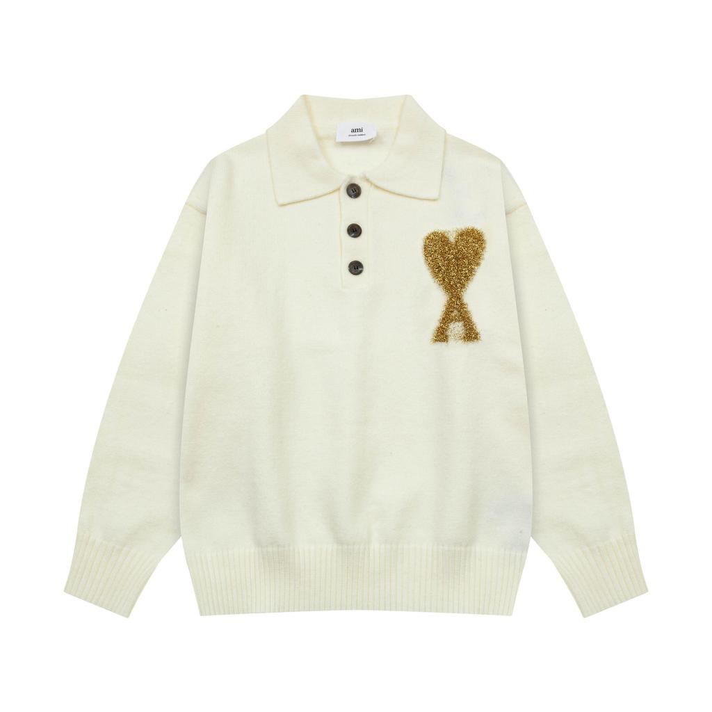 AMI Осень и Зима Новый Пуловер с Жаккардом в Виде Большого Сердца из Шерсти Ami De Coeur с Воротником Поло Парный Свитер