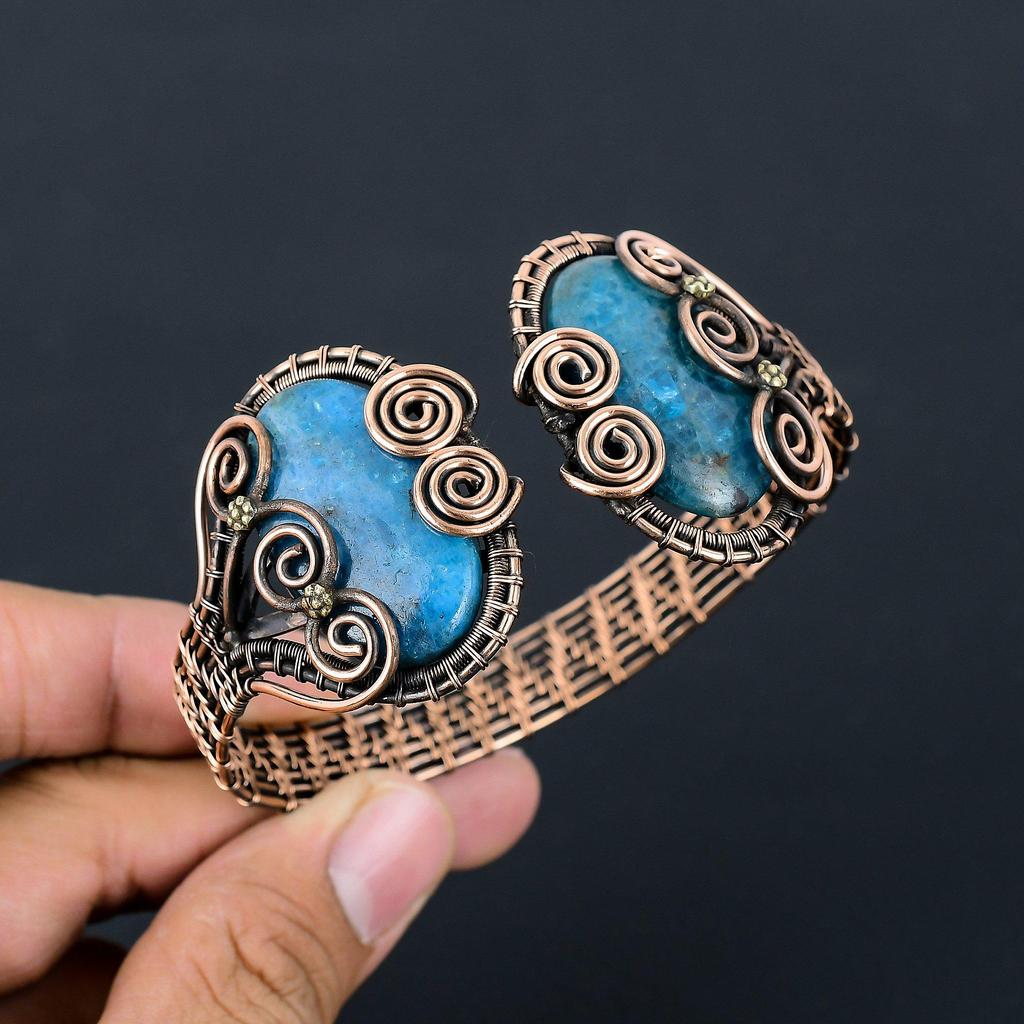 Неоново-синий апатит, драгоценный камень, чистая медная проволока, манжеты ручной работы/браслет, регулируемые украшения для подарка