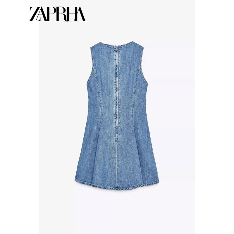 Zaprha 2025 New Arrival Waist-Tight Slim Looking A- Shaped Small Wavy Style Wide Hem Denim Dress 3607080