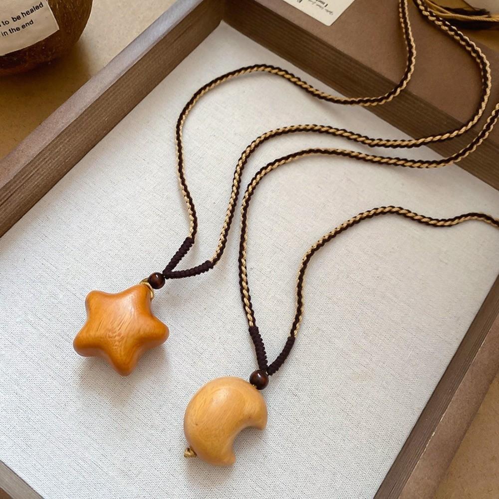 Pendant Wooden Star Moon Necklace Bohemian Style Couple Friends Choker Wood Clavicle Chain Gift
