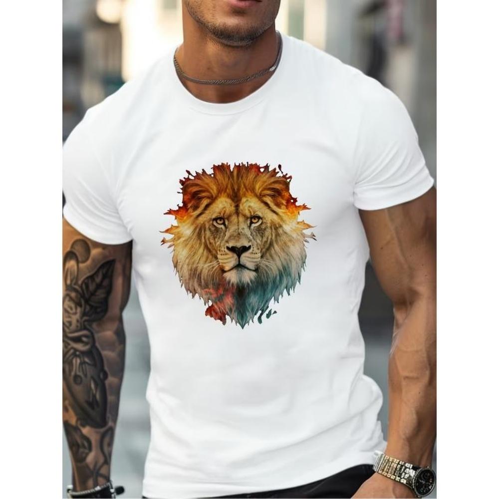 Мужская футболка Majestic Jungle Lion с графическим принтом, европейские размеры _ Европейский американский модный тренд, Круглый вырез, Неэластичная ткань, Идеально для взрослых