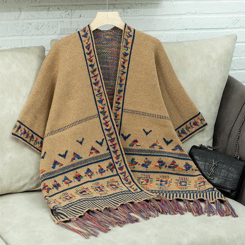 Women's Autumn and Winter Large Size Cardigan Fashionable Knitted Tassel Shawl Loose Jacquard Sweater Cape Top Women