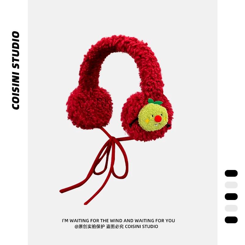 Корейская версия Niche Design Apple Shape Eararmuffs женские зимние простые и милые плюшевые теплые забавные наушники со шнуровкой