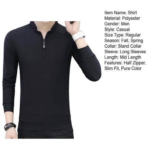 Весна Осень Мужская Рубашка Длинные Рукава Половина Молнии Slim Fit Стоячий Воротник Однотонный Пуловер Средней Длины Повседневная Одежда Деловой Офис Топ