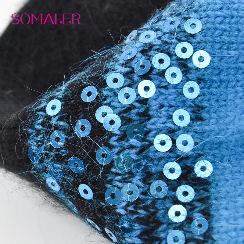 SOMALER Зимние шапки для женщин Теплая вязаная шапка из ангоры Модная шапка-бини с пайетками Толстая длинная шапка-ушанка из кроличьего меха