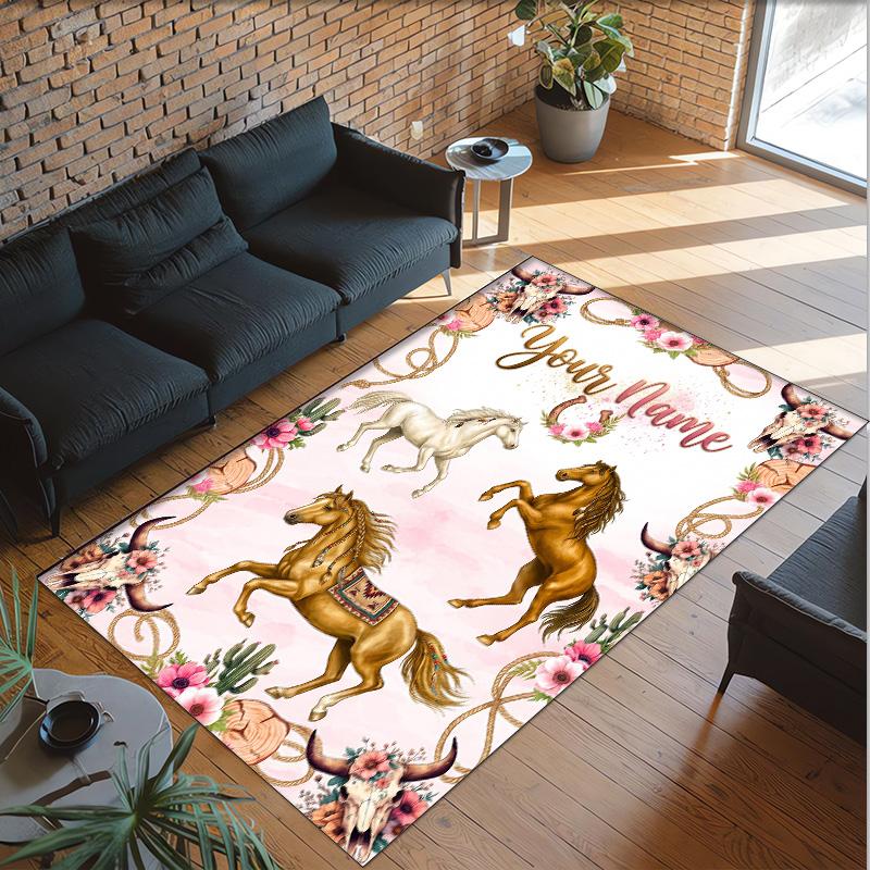Horse Theme Crystal Velvet Floor Rug Personalized Custom Name Text Warm Carpet Home Decoration