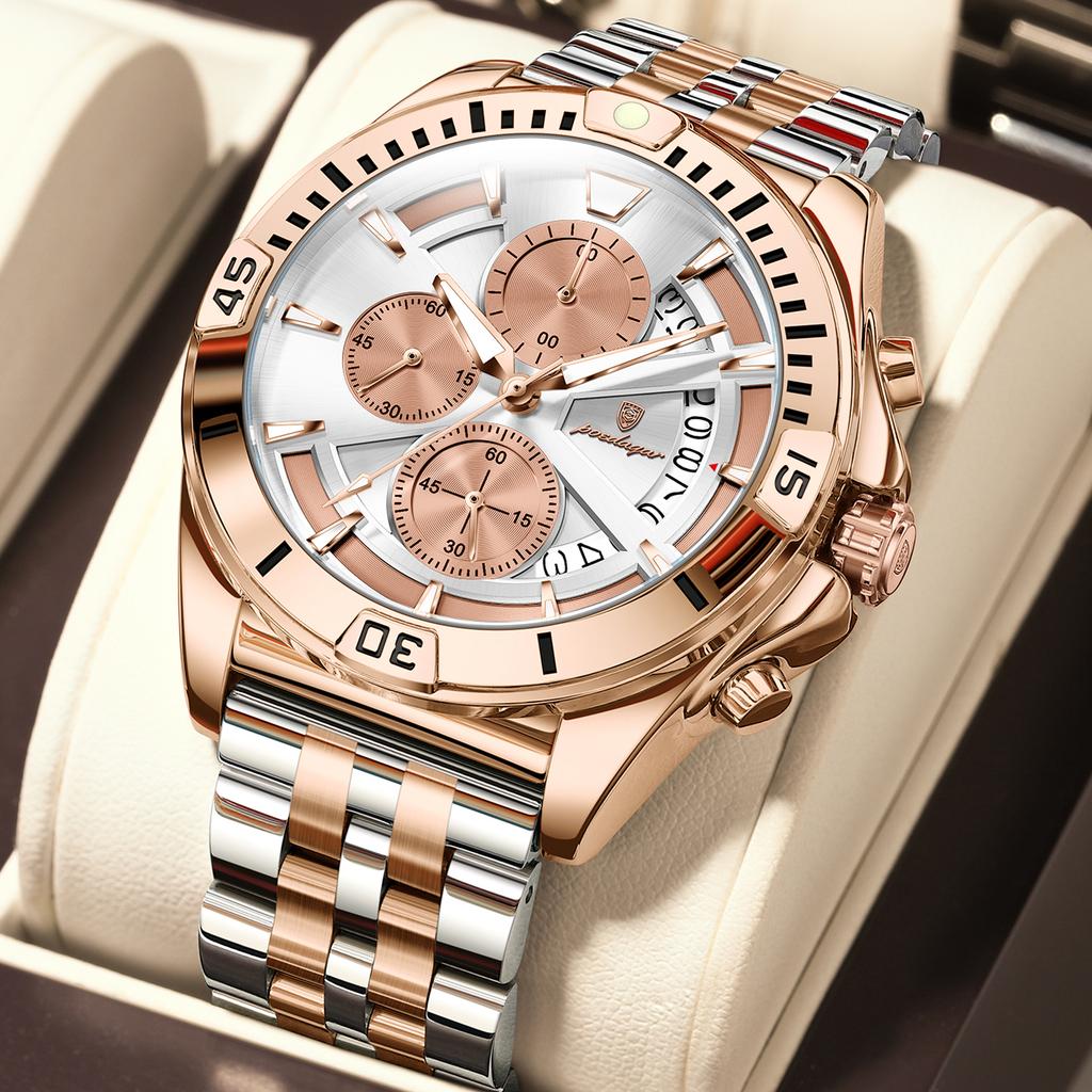 Steel Strap Business Watch Luminous Hands Waterproof Chronograph Calendar Analog Quartz Watch Gift for Male
