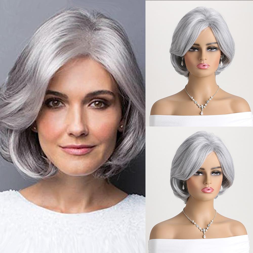 European and American Women's Silver Gray Wig Daily Use Natural Looking Side-parted Short Curly Inward-bent Synthetic Fiber Wig for Elderly Women