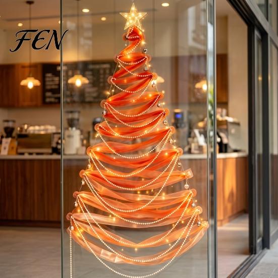 Holiday Wall Backdrop Decoration DIY Lighted Christmas Tree Decor Kit, Hanging Fabric Ornament Set Reusable Crafting Kit for Window Wall, Handmade