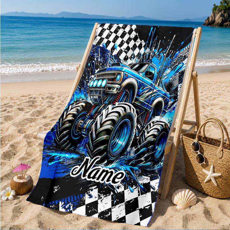 Custom Name Cartoon off-road vehicle fire truck Beach Towel Microfiber Beach Towel, Lightweight and Quick-Dry, for Summer Travel, Swimming Pool Gift