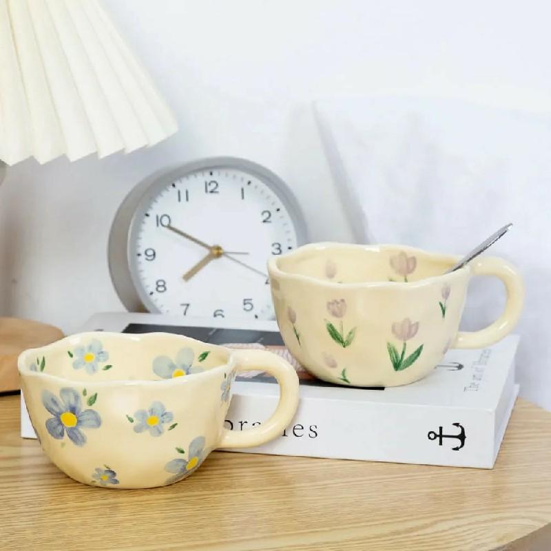 250 мл керамическая кружка с неровным цветком, сделанная вручную, кофейная чашка, чашка для чая с молоком, кружка для завтрака в корейском стиле, посуда для напитков, кухонная кружка