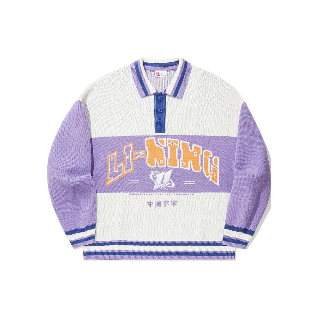 Li Ning Color Block Letter Print Loose Pullover Long Sleeve Knit Sweater Unisex Sweater Off-White Purple Blue AMBU063-2
