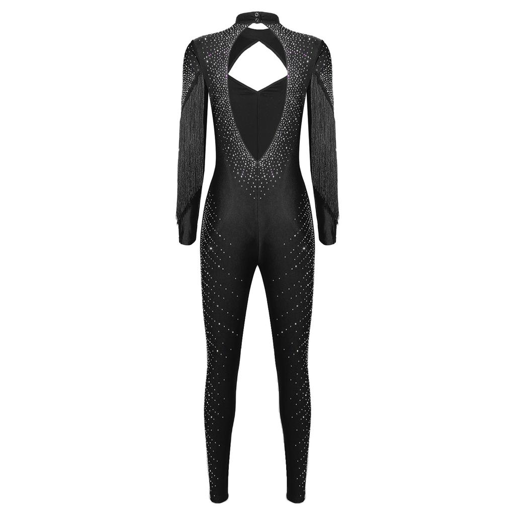 Womens Figure Skating Jumpsuit Glittery Rhinestone Long Sleeve Tassel Front Design Hollow Out Back One Piece Romper