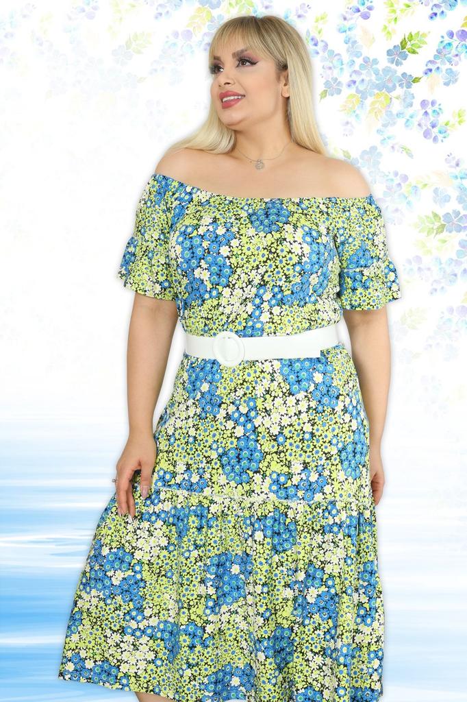 Women's Big Size Dress Floral Patterned Belt Detailed Viscose Lycra Dress