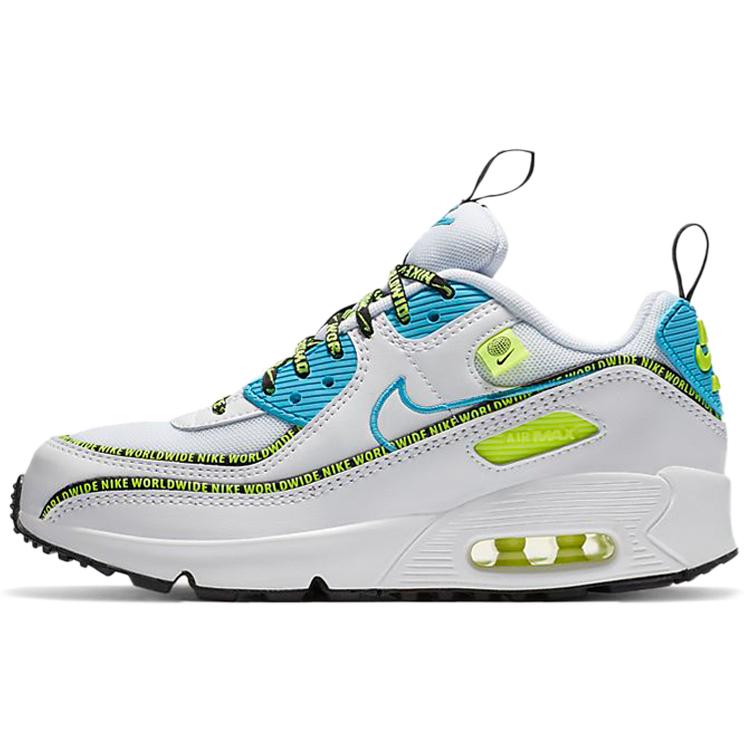 Nike Air Max 90 SE Grade School 'Worldwide Pack - Blue Fury Volt' (Unisex) White / Black / Volt / Blue Fury Kids' Running Shoes CV7665 100