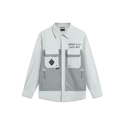 Li Ning X Cyril Artist Collaboration Series Letter Print Polo Loose Long Sleeve Sports Jacket Men Jacket River-Stone-Gray AFDT769-3