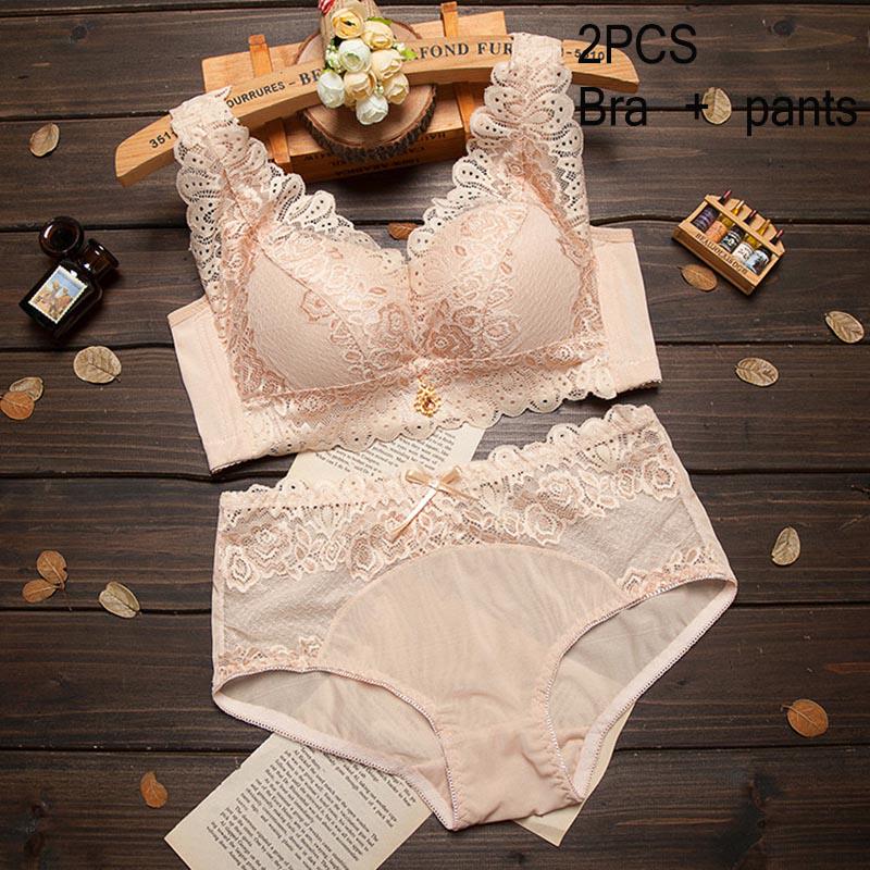 Sexy Lingerie Set Women Lace 3/4 Adjusted-straps  Bra and See-through Lace Panty Bra Set