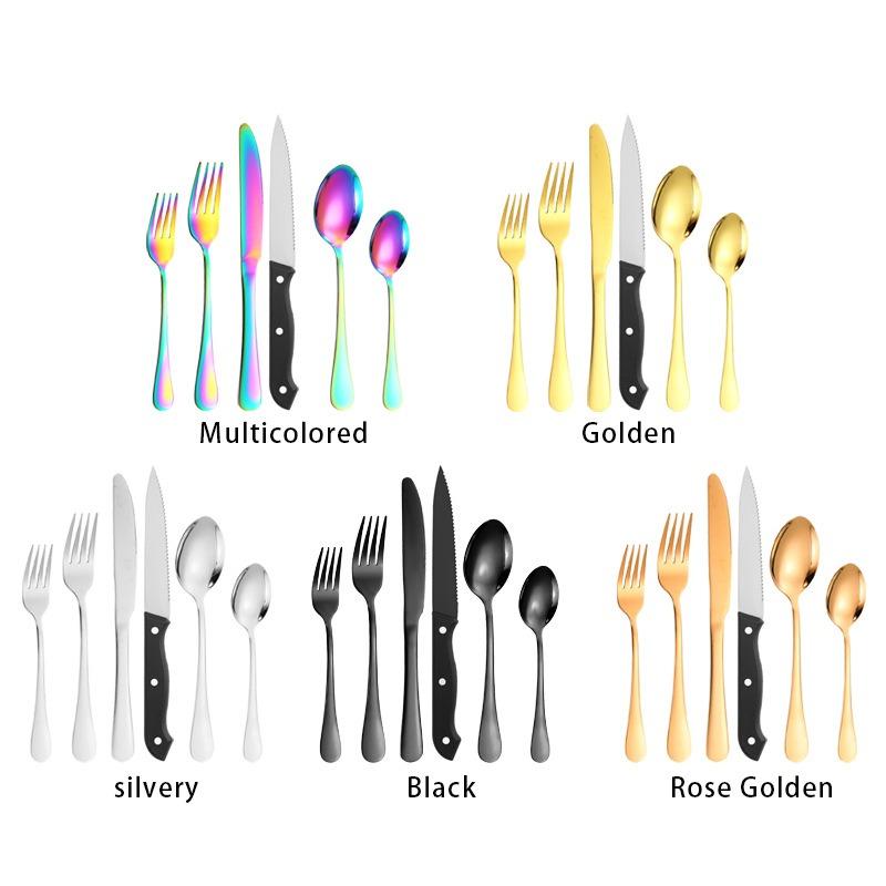 Набор столовых приборов из нержавеющей стали, нож, вилка и ложка, 24 предмета, западный, для стейка, гостиничный, с титановым покрытием, черные нож, вилка и ложка