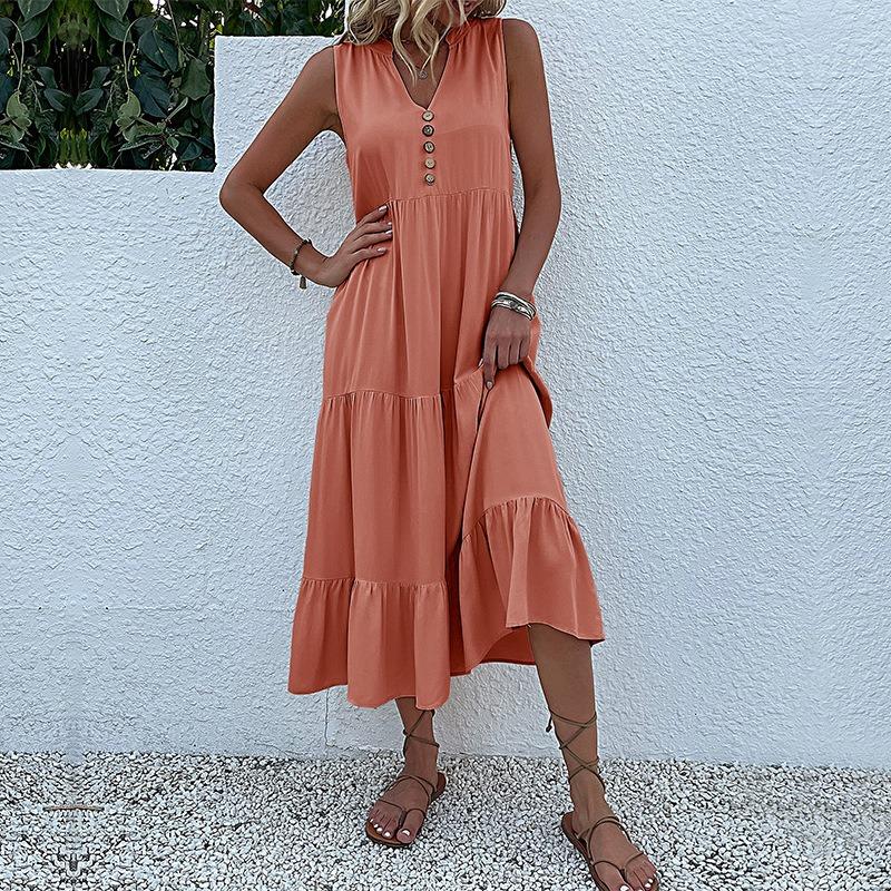 Sleeveless V Neck Casual Summer Women Dress Fashion Loose Elegant Office Ladies Dresses Layered Ruffled Solid A-line Female Dress 922