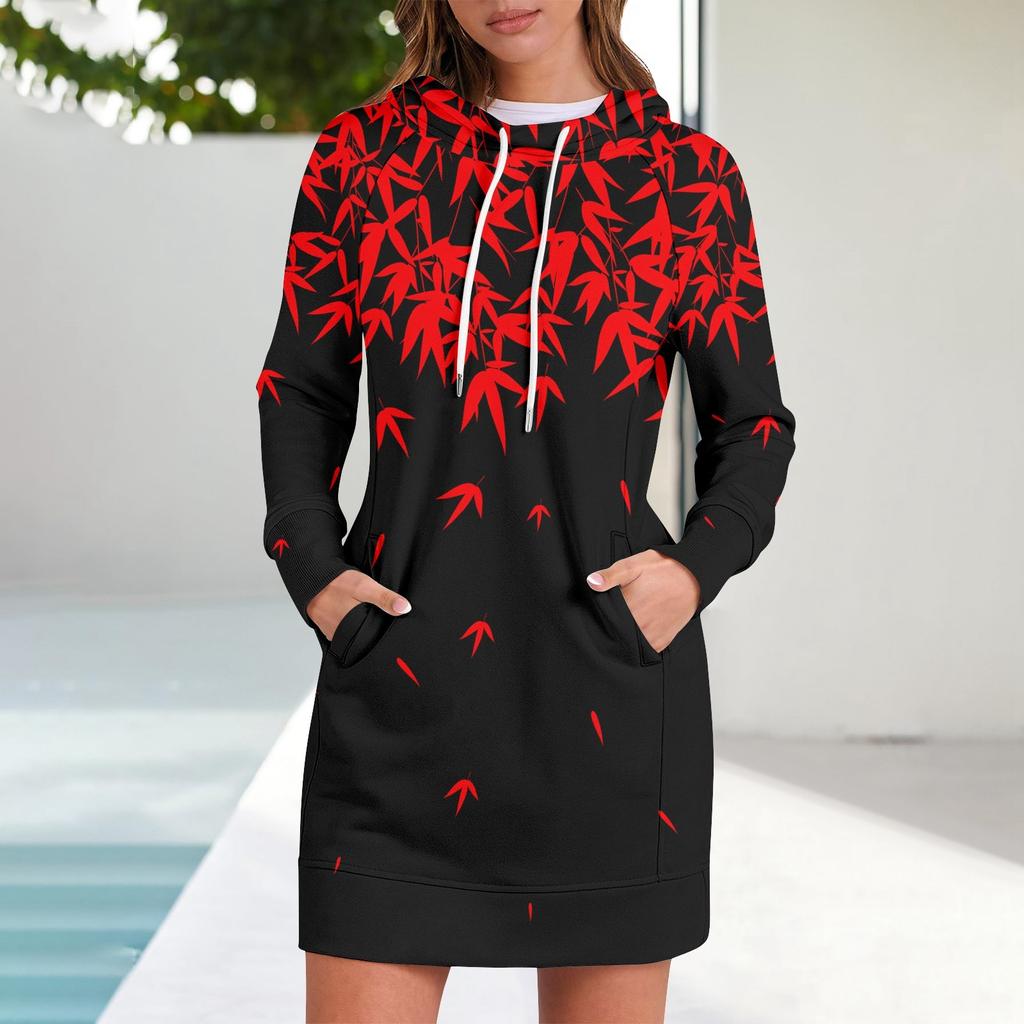 Женское платье-толстовка с капюшоном с длинным рукавом, платья с милым цветочным принтом, повседневная толстовка с капюшоном и карманами, осень и зима