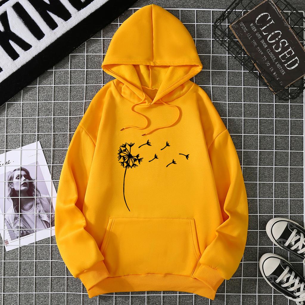 Women's Fleece Sweater Plant Print Kangaroo Pocket Drawstring Print Hoodie