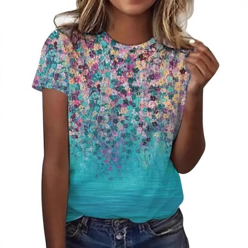 Women's Summer Temperament Elegant Round Neck Pullover Short Sleeved Plant Floral Print T-Shirt