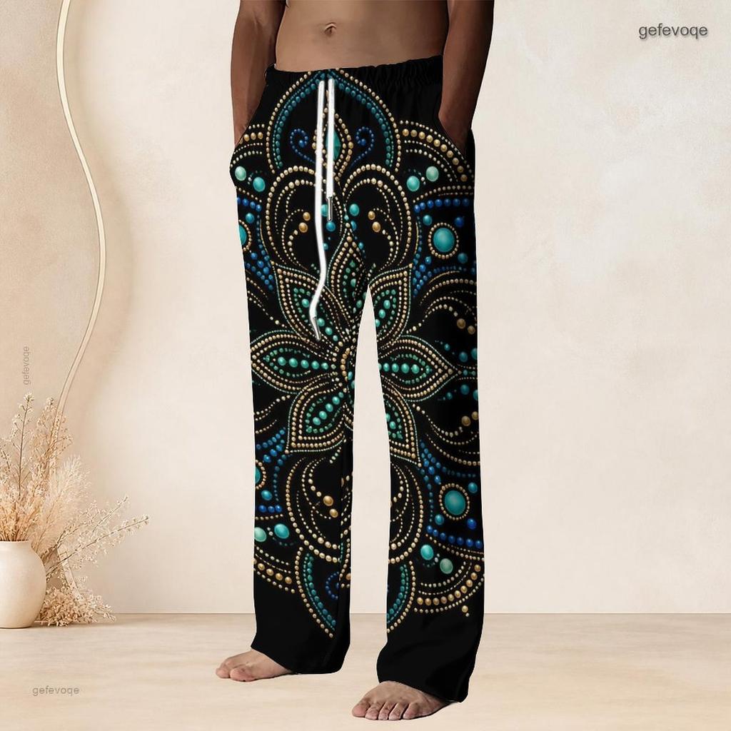 Men s Plus Size Purple Black Gray Gem Printed Drawstring Waist Straight Leg Full Length Beach Pants