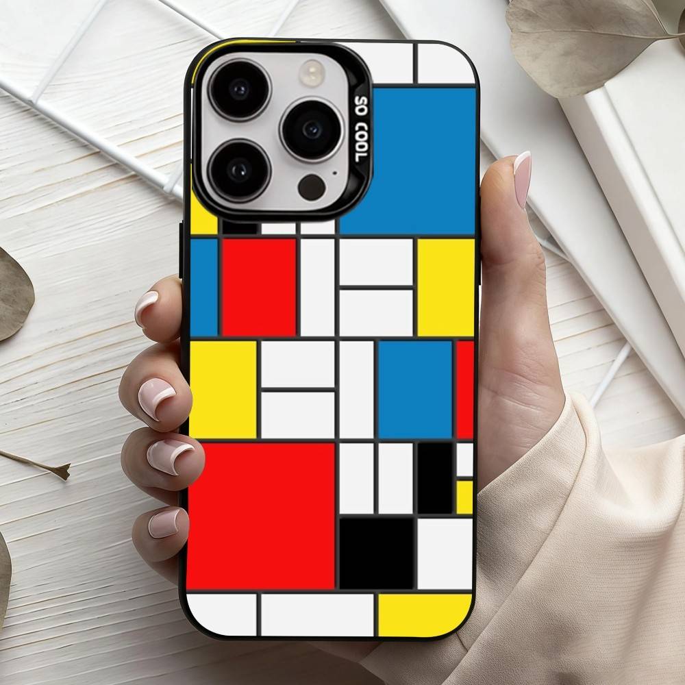 Сетка T-TOPLBPCS M-Mondrian Чехол для телефона для iPhone17,16,15,14,13,12,11 Plus,Pro Max Черный Конфетный серебристый чехол для телефона