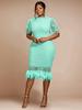 Feather Lace Midi Dresses Mock Neck Short Sleeve Elegant Bodycon Cocktail Event Gowns