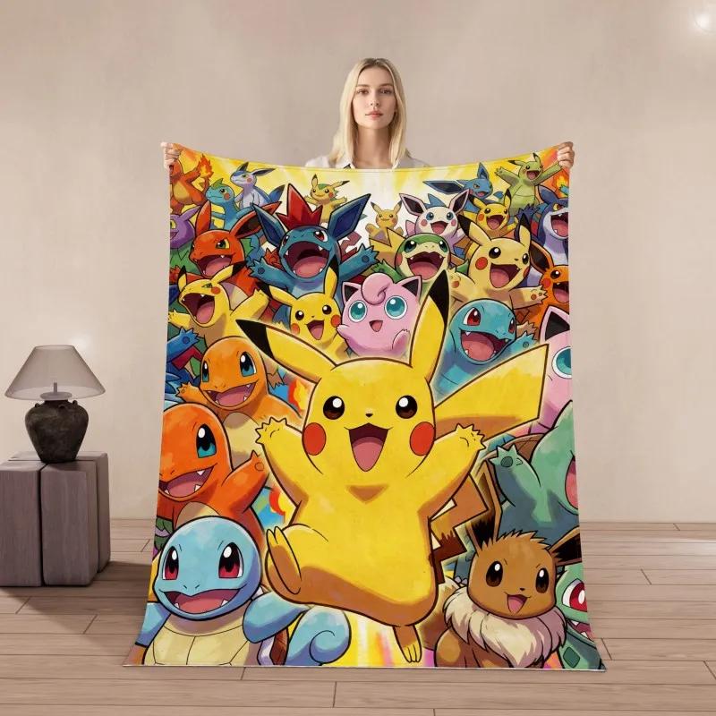 Cute Pikachu Cartoon Flannel Blanket Anime Monster Digital Print, Portable Lightweight Cover Blanket for Kids Bedroom Sofa Trave