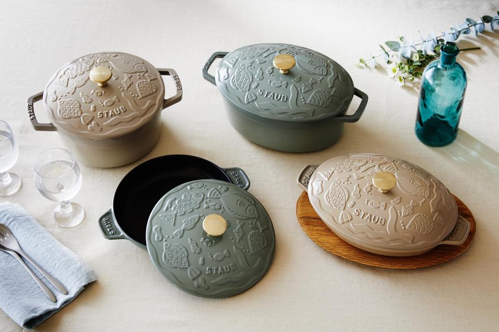 Staub Ocean, овальная, 23 см, льняная латунная ручка Mina Perhonen, эмалированный горшок, отлитый двумя руками, IH, совместимый с японским кокотом Ocean [STAUB × minä perhonen] «Cocotte»