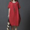 Women's Plus Size Casual Summer Dress - Solid Color, Cotton & Linen, Short Sleeves