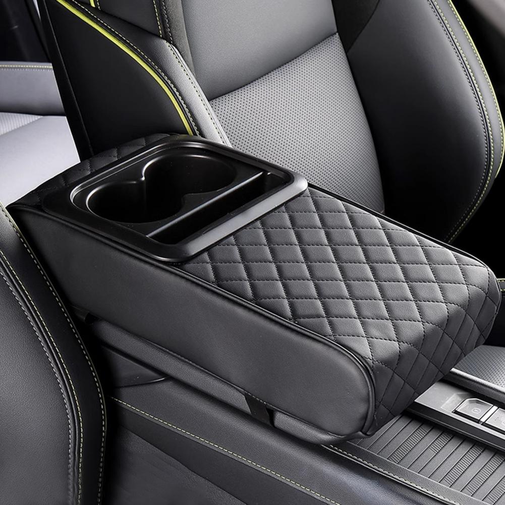 Universal Car Armrest Cushion Waterproof Faux Leather Center Console Pad with 2 Cup Holders Height Pad