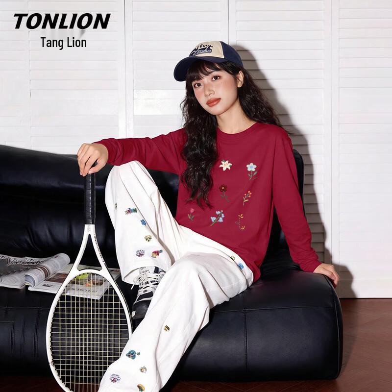 Женская футболка TonLion свободного кроя, из чистого хлопка, с цветочной вышивкой, с длинным рукавом