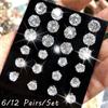 6/12Pairs Elegant Wedding Jewelry Gift Geometric Crystal Stud Earrings Set Round Zircon Alloy Silver