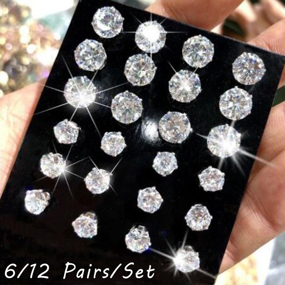 6/12Pairs Elegant Wedding Jewelry Gift Geometric Crystal Stud Earrings Set Round Zircon Alloy Silver