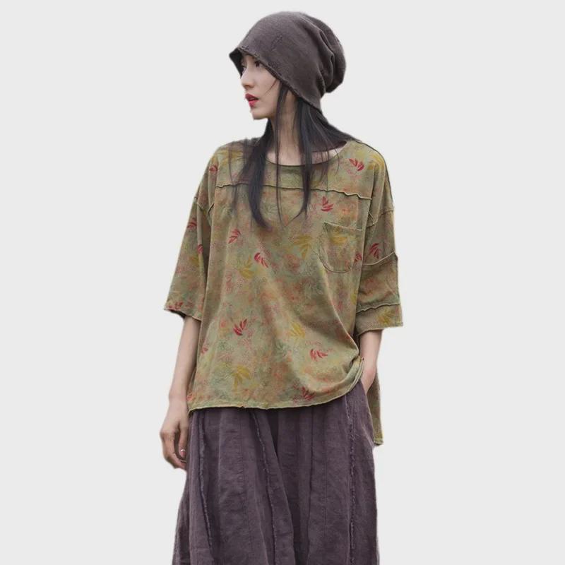 Женская футболка с коротким рукавом из хлопка и льна с пескоструйной обработкой в винтажном стиле