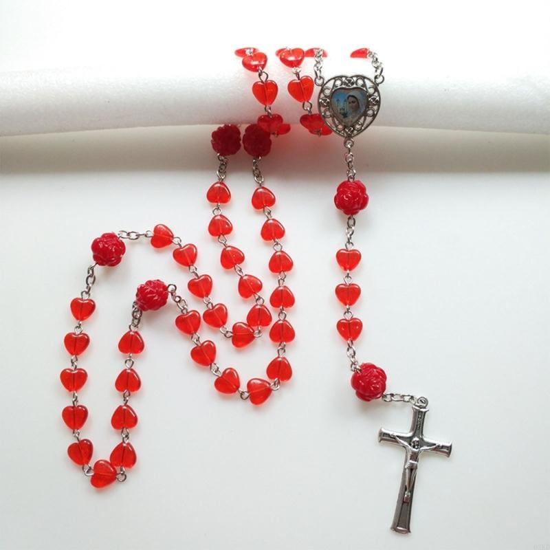 62KD Red Hearts Catholic Rosary Necklace Beads Holy Figure Jesus Hanging Pendant Charm for Women Men Church Decoration Gift