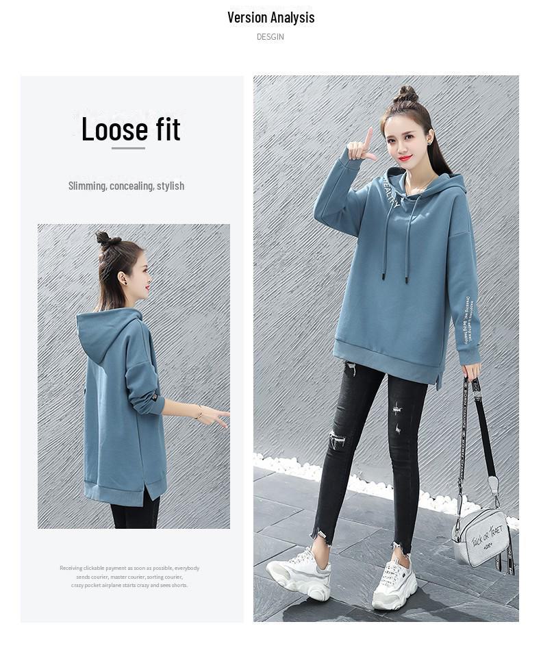 Женский свитер с капюшоном и вышивкой в корейском стиле — свободное пальто средней длины на осень/зиму.