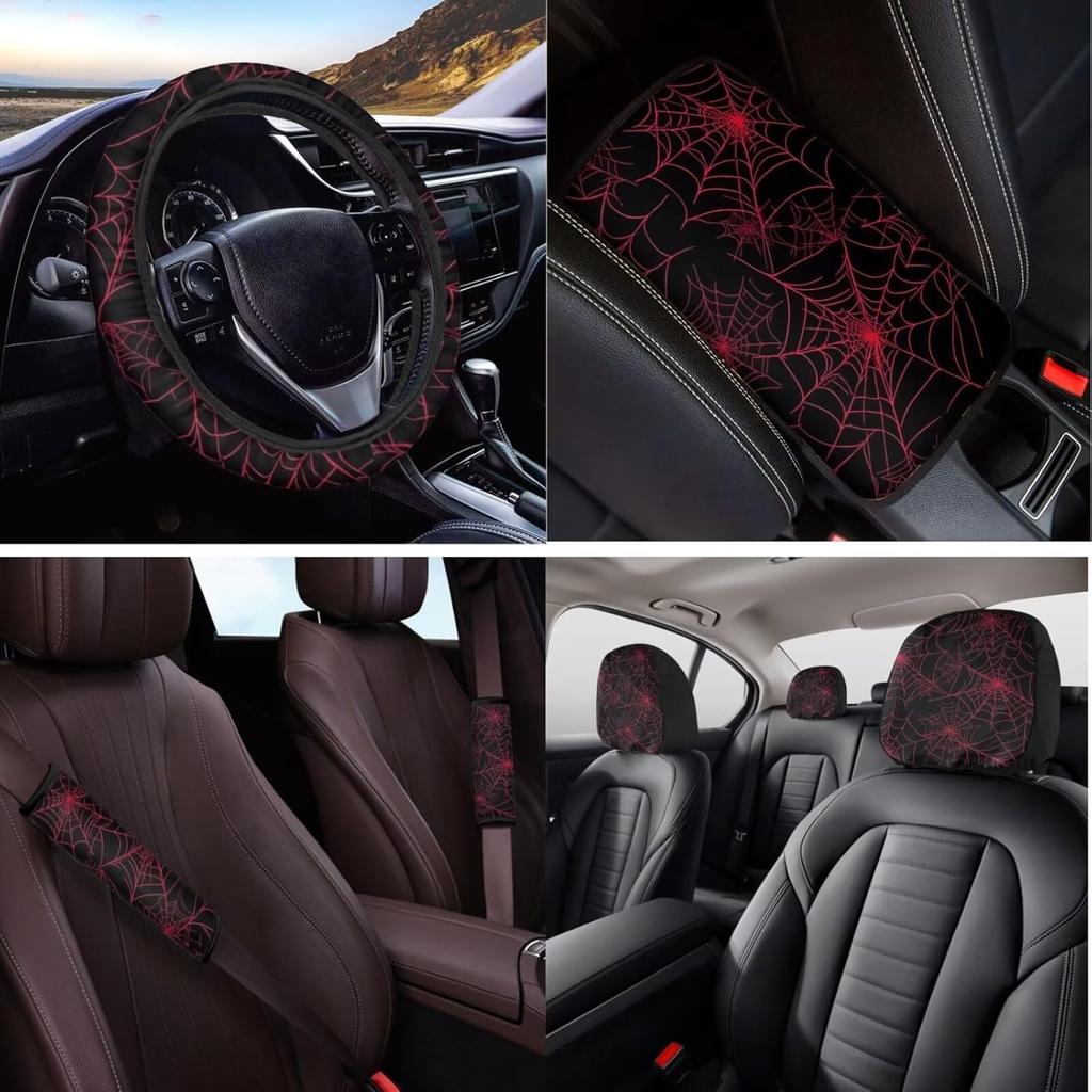 Красные чехлы на сиденья автомобиля с паутиной, с чехлом на рулевое колесо, подушкой для подлокотника, накладками на ремни безопасности, подстаканником с брелоком, универсальный комплект для защиты автомобиля