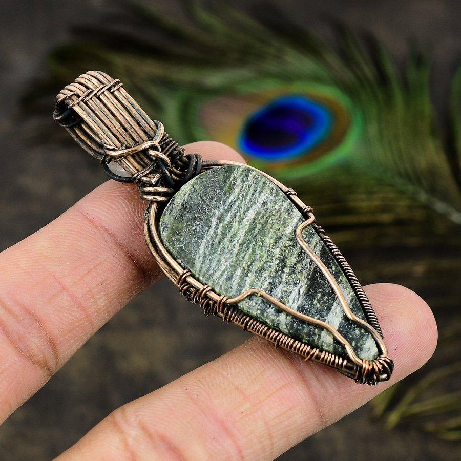 Natural Banded Green Opal Gemstone Copper Wire Wrap Gift Pendant 2.80" V3t69