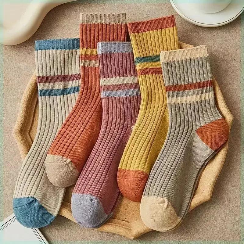 5 Pairs Striped Print Socks for Women Comfy Soft Mid Tube Socks Winter Harajuku Funny Casual Sock Women's Stockings Hosiery
