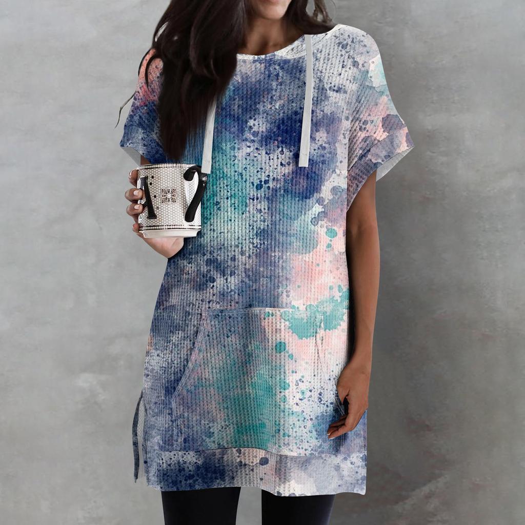 Женские свободные рубашки с принтом, толстовки с короткими рукавами и шнурком, вязаная туника с боковыми разрезами, топы с капюшоном и карманом