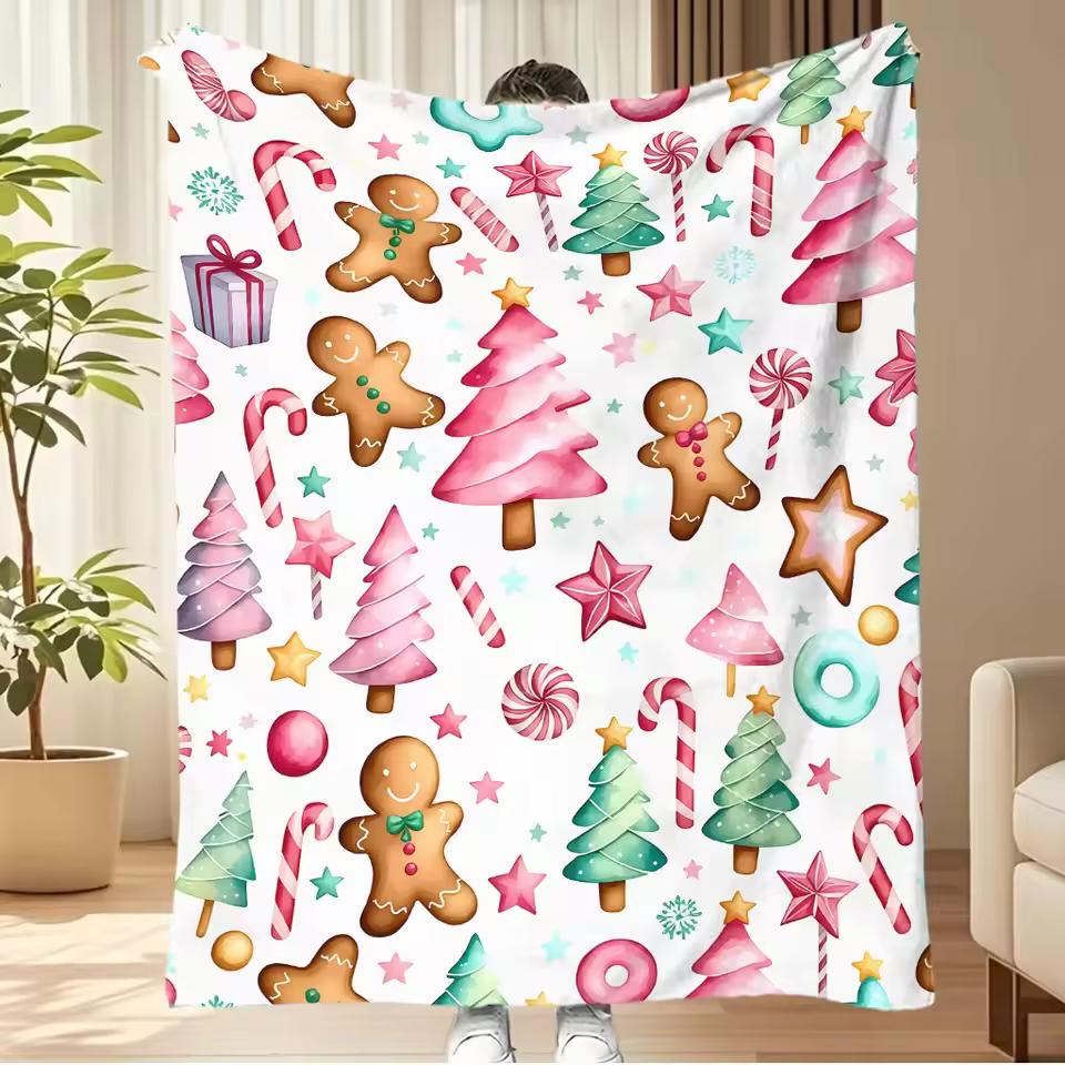 Red Blanket Merry Christmas Flannel Blanket Gingerbread Man Santa Claus Snow Tree Printed Soft Fluffy Office Sofa Chair Nap Gift