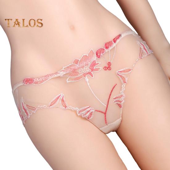 Women's Sexy Lace Thongs See Through Mesh Sheer Panties Floral Embroidered Low-Waist Underwear Ultra-Thin Ladies Briefs