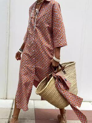 Осеннее полосатое платье-рубашка с рукавом три четверти и двумя боковыми разрезами для женщин