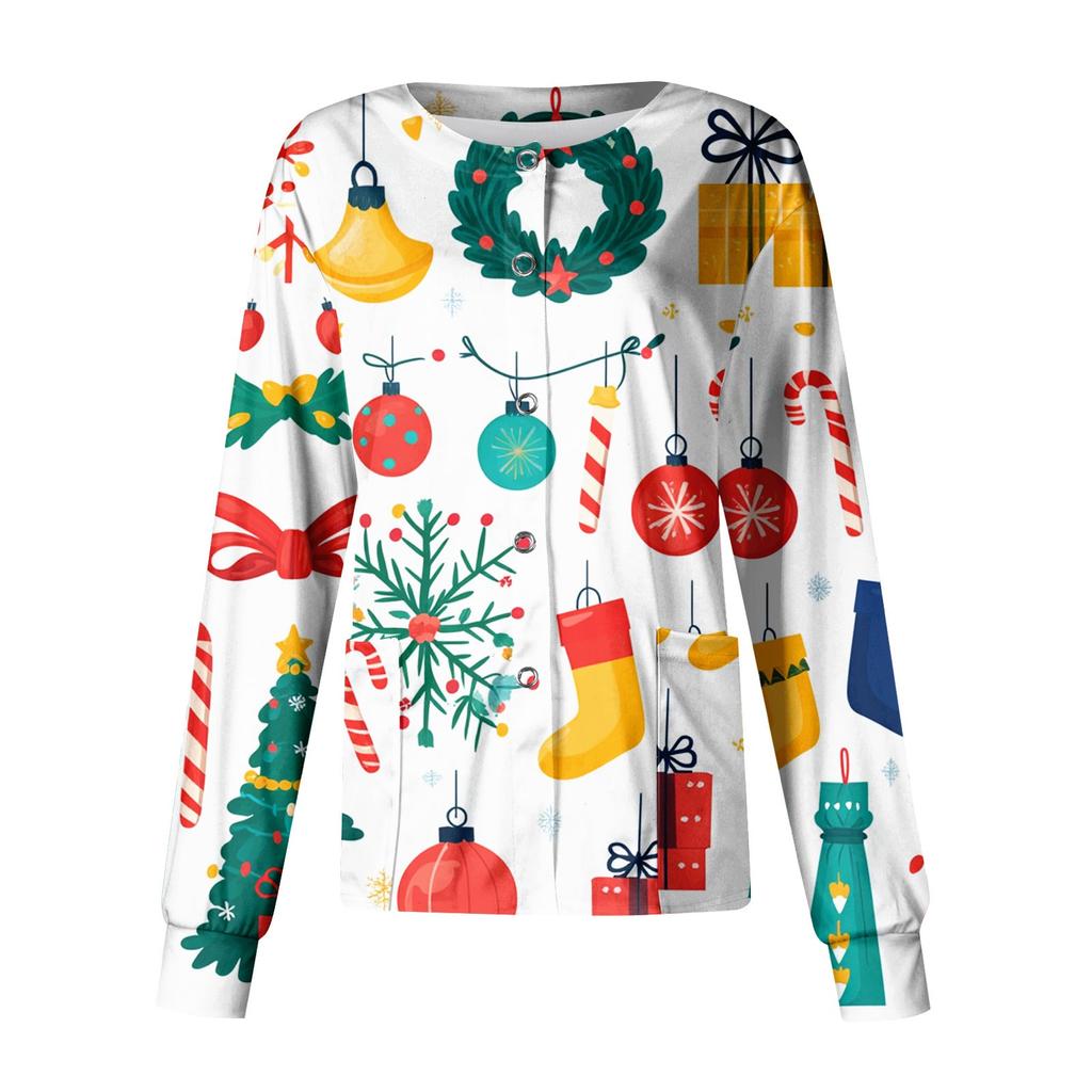 Women's Casual Long Sleeve Single Breasted Christmas Printed Dry-nurse Top