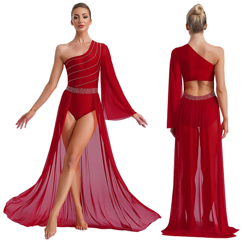 Women's One Shoulder Lyrical Dance Dress Sheer Mesh Flared Sleeve with Shiny Rhinestones Flowy Split