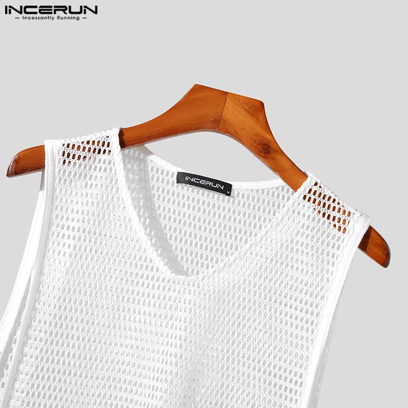 INCERUN Summer Men Sleeveless Split Lace Up Vest See Through Tank Tops