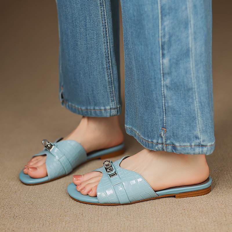 Krazing Pot Мюли из коровьей кожи, летние, размер 42, на низком каблуке, роскошные туфли с металлическими украшениями, женские, суперзвездные, женские, с открытым носком, сандалии без застежек